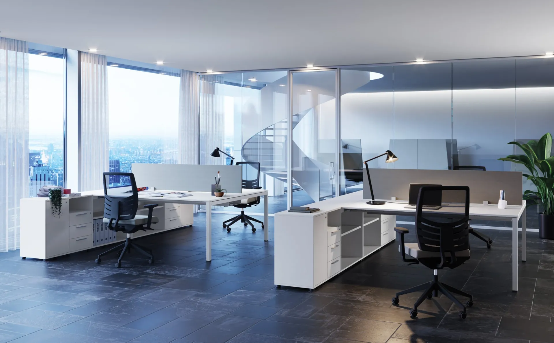 Bench Pop Easy Frezza bianchi in un ufficio con vetrate e scala