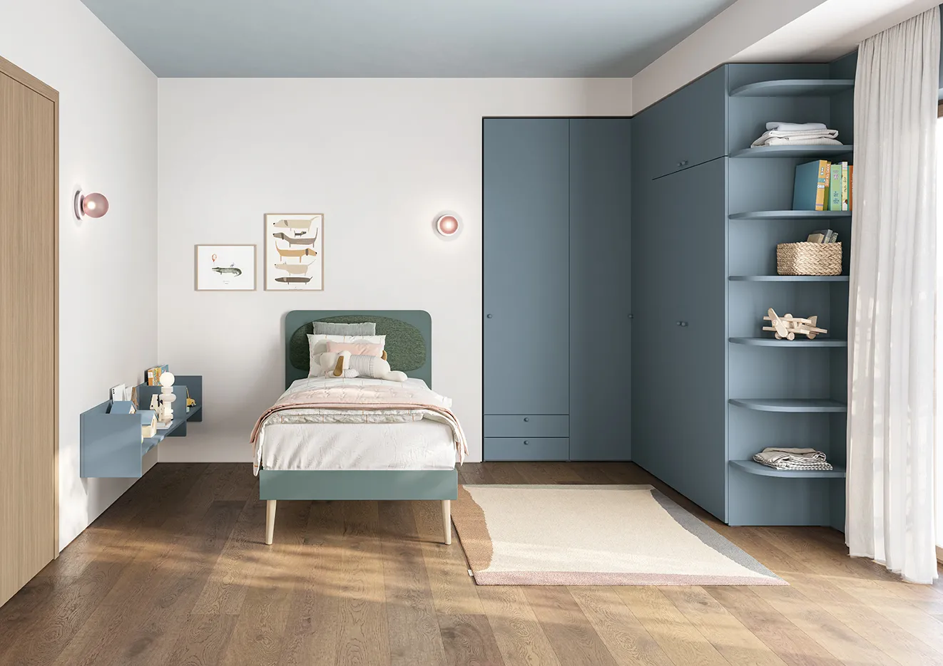 Cameretta Golf Kid's Space Colombini con armadio ad angolo verde petrolio, terminale a giorno e letto imbottito