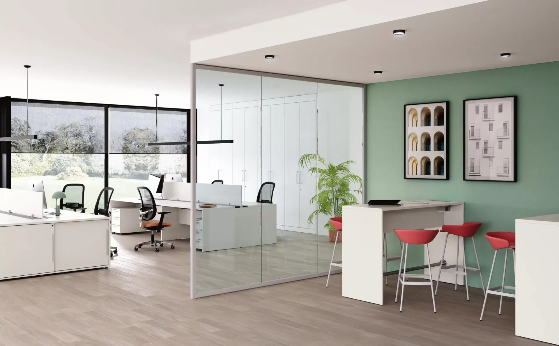 Tavolo alto Pop Panel Frezza bianco con sgabelli rossi accanto a una parete vetrata