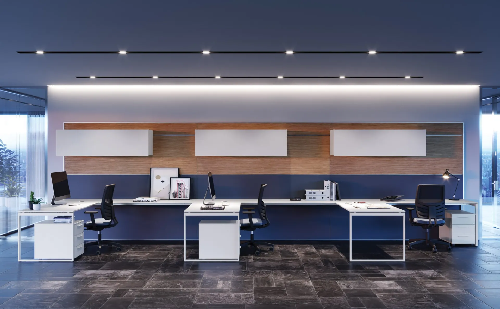 Scrivanie Pop Square Frezza bianche in un open space blu con parete in legno