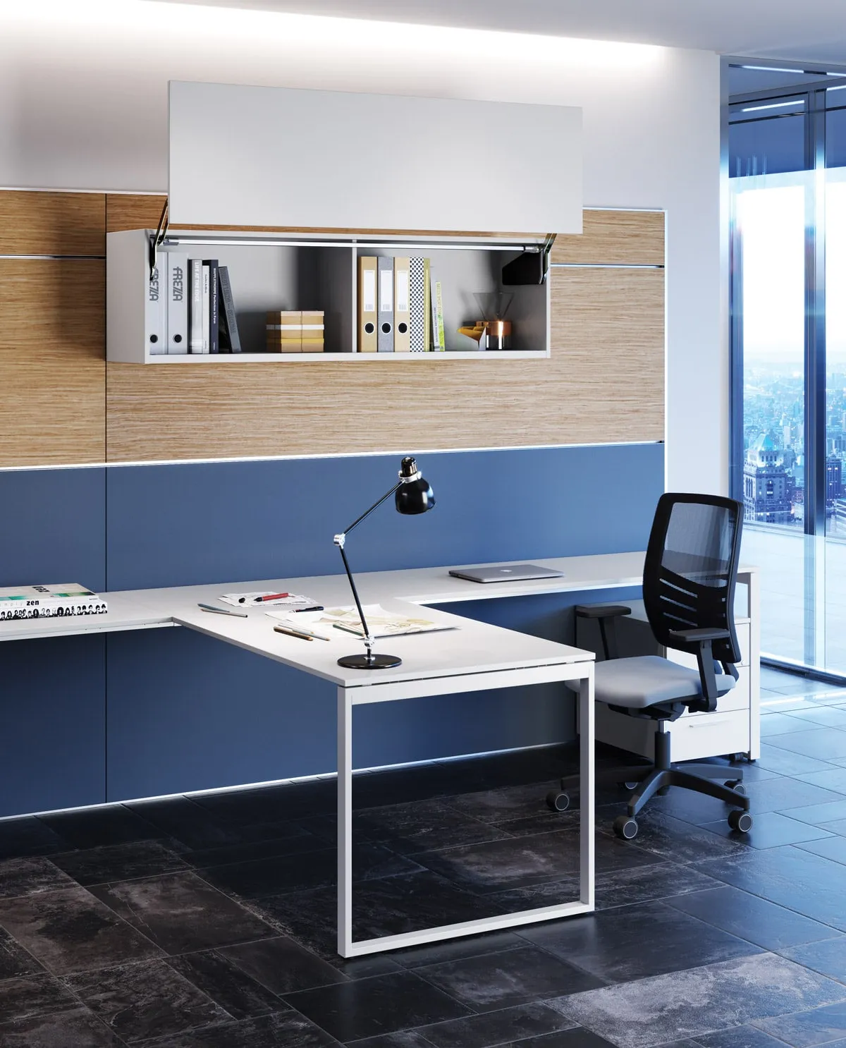 Scrivania Pop Square Frezza ad angolo con mensola sospesa e pannello blu