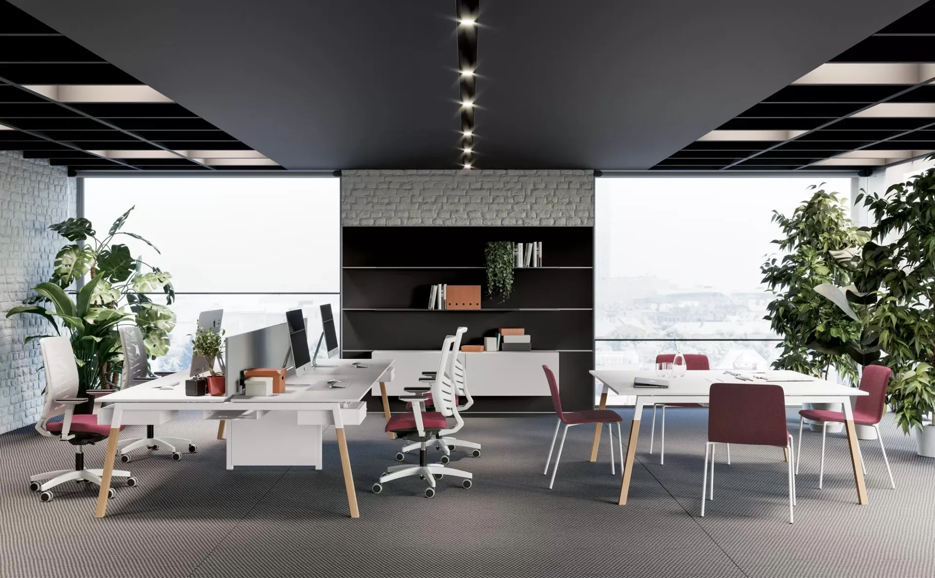 Bench Pop Woody Frezza con sedie bianche e rosa in un open space con soffitto scuro