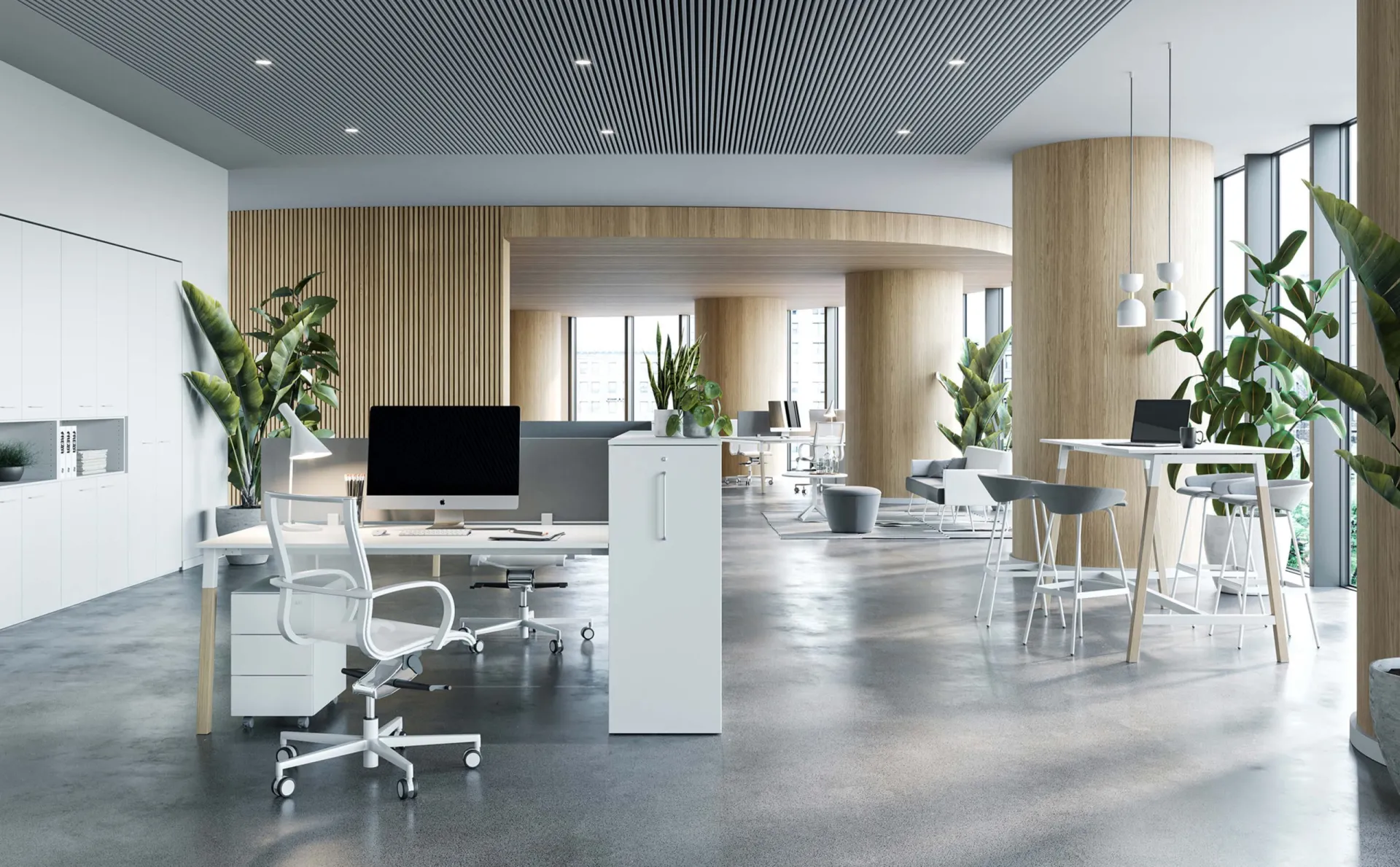 Bench Pop Woody Frezza in un ufficio con colonne rivestite in legno