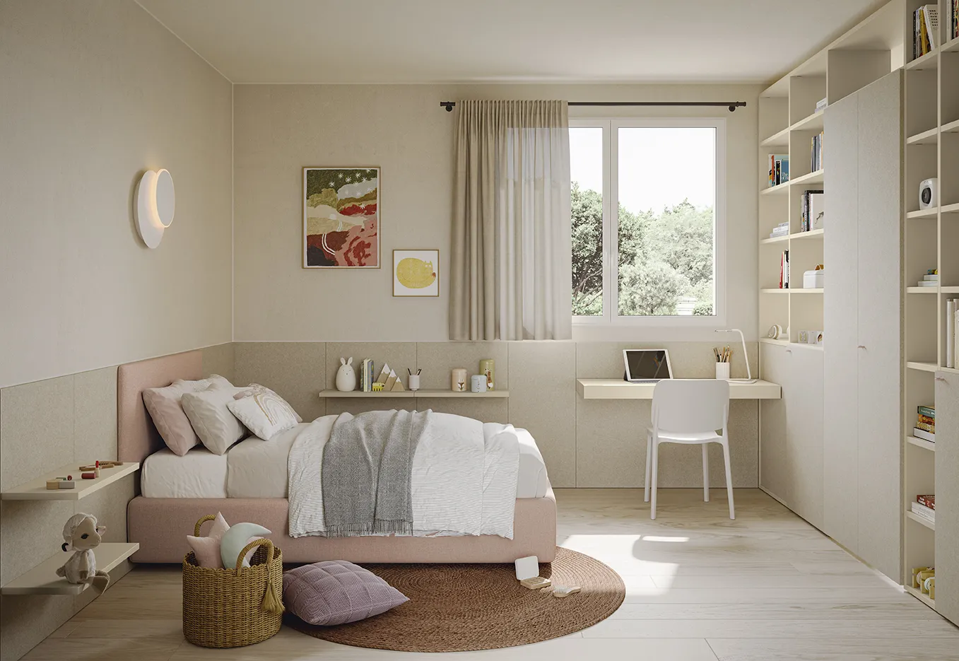 Cameretta Golf Kid's Space Colombini con letto ad angolo rosa, boiserie e mensola scrittoio sotto la finestra