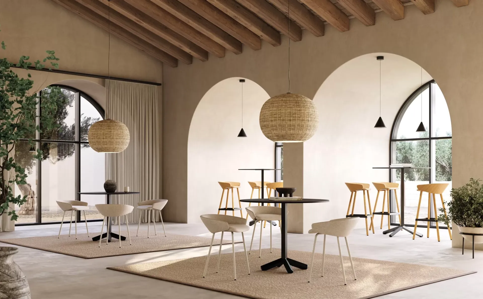 Sgabelli Karl Frezza in una sala con archi e travi in legno