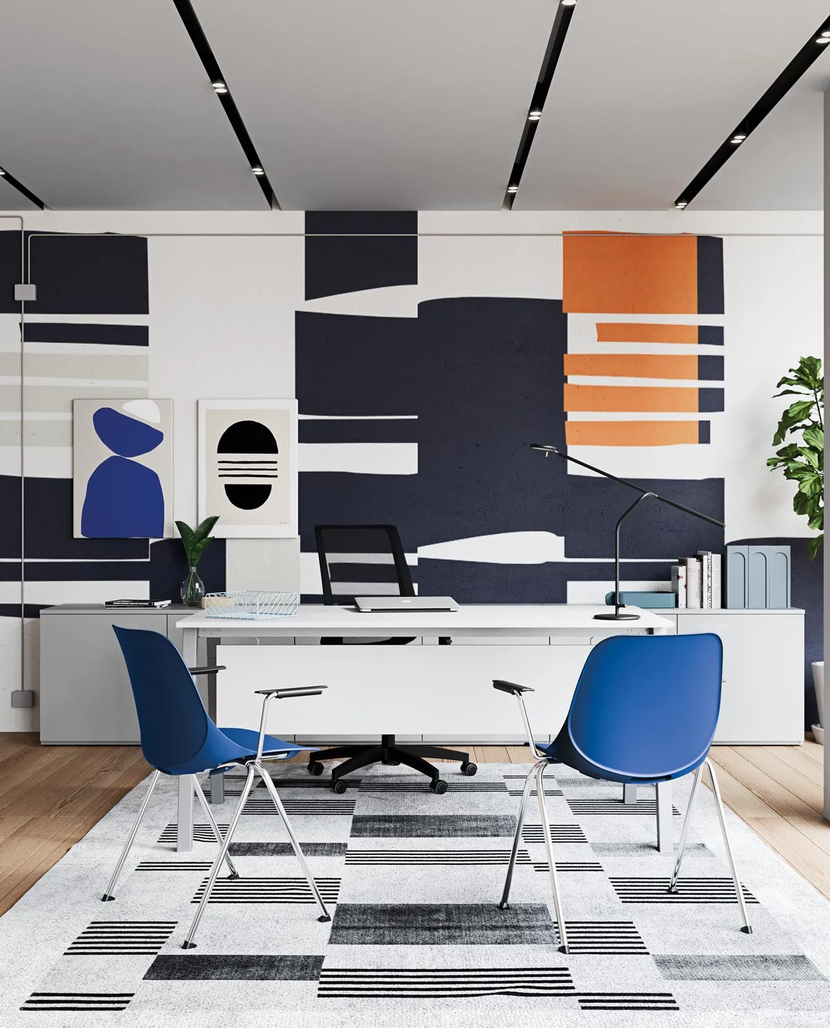 Ufficio con due sedie Len Frezza blu e parete decorata