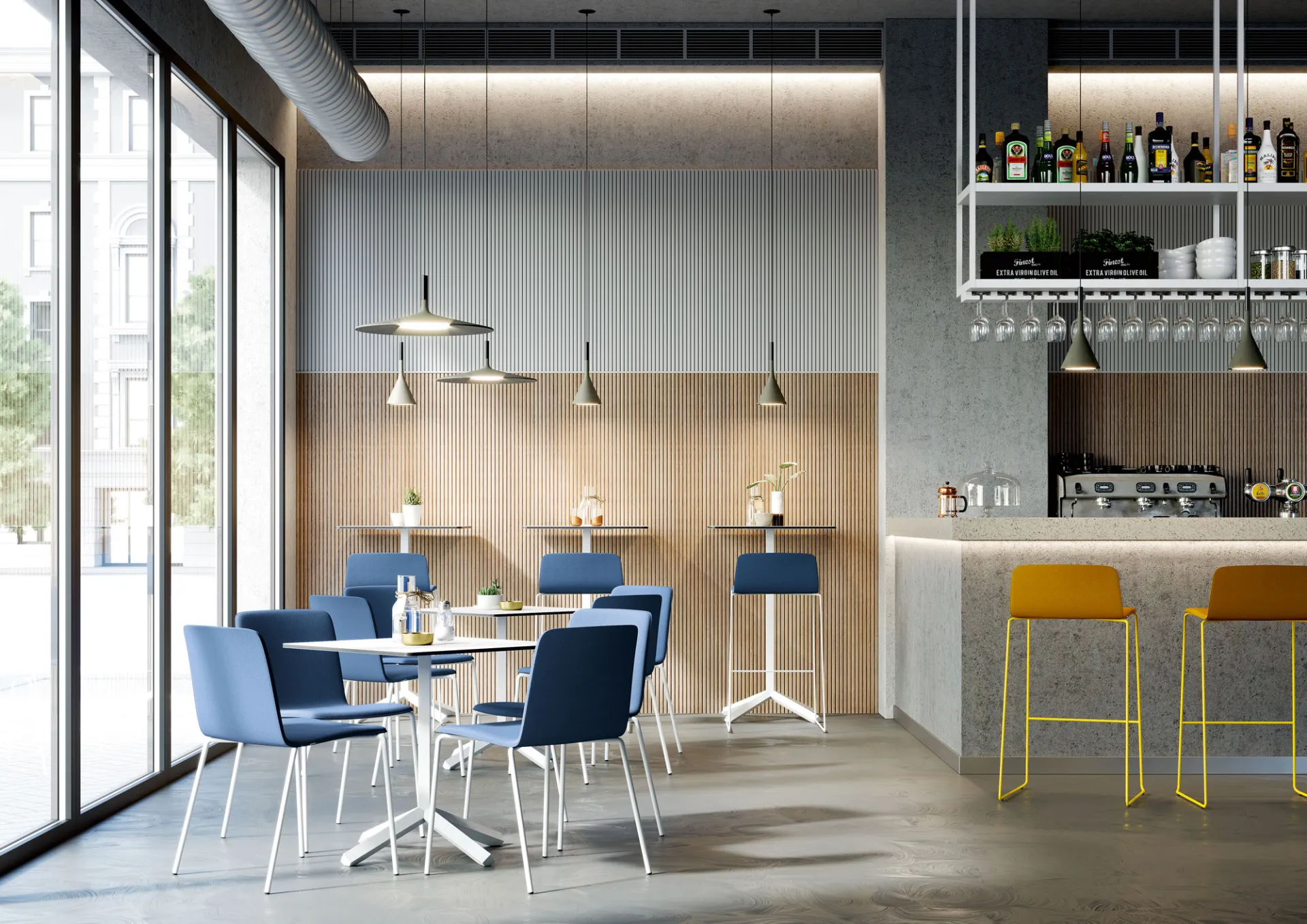 Sedie Yo Fabric Frezza blu e sgabelli gialli in una zona bar dell'ufficio