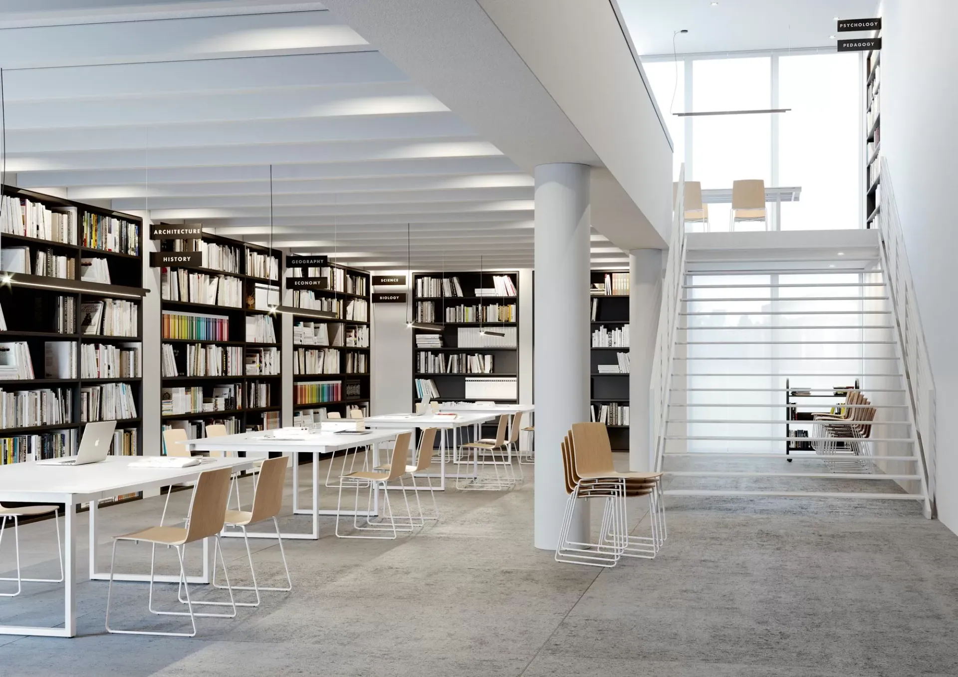 Sedie Yo Wood Frezza in legno lungo i tavoli di una biblioteca