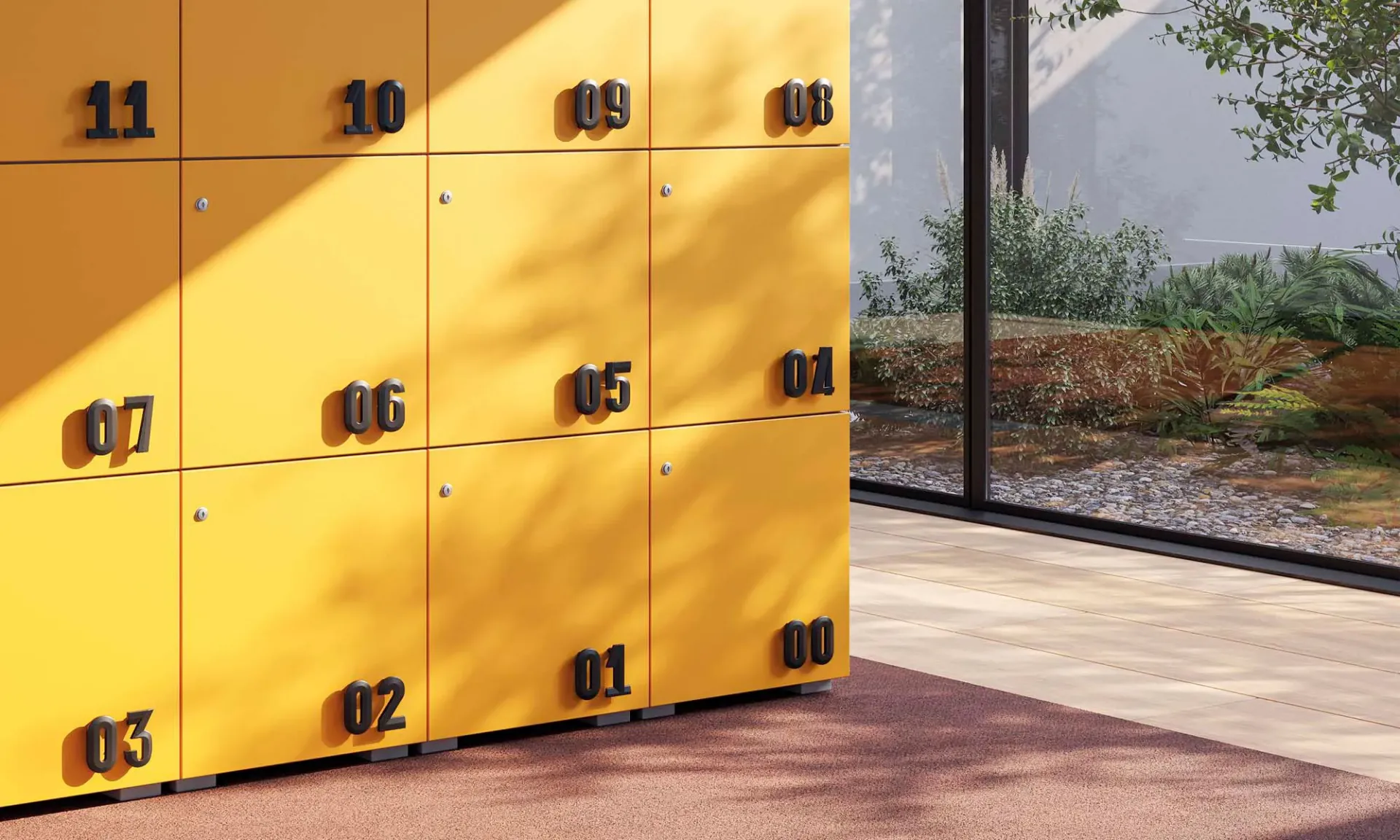 Armadietti Lockers Frezza gialli con numeri sulle ante vicino a una vetrata