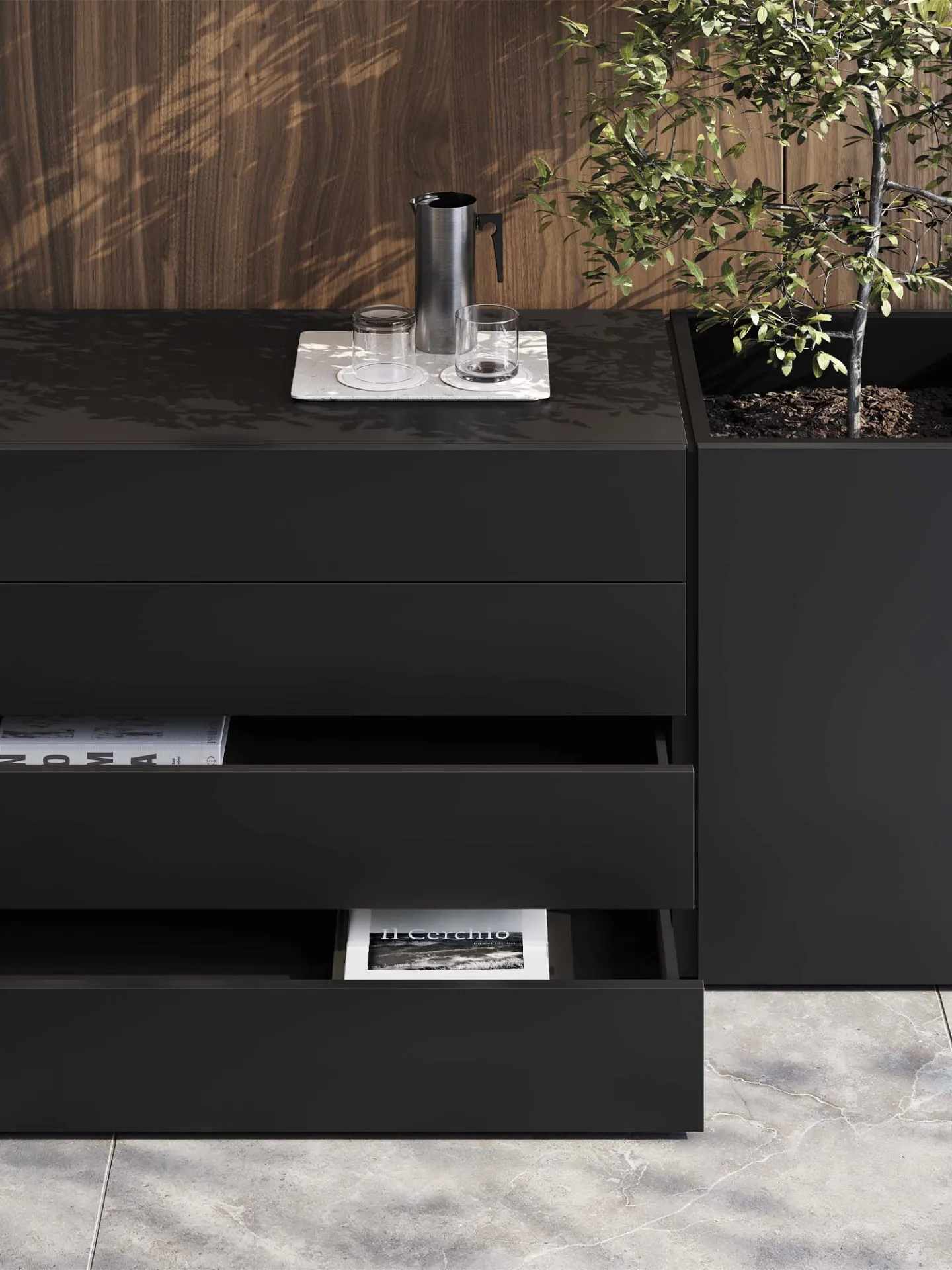 Madia Mux70 Frezza nera con cassetti aperti e fioriera
