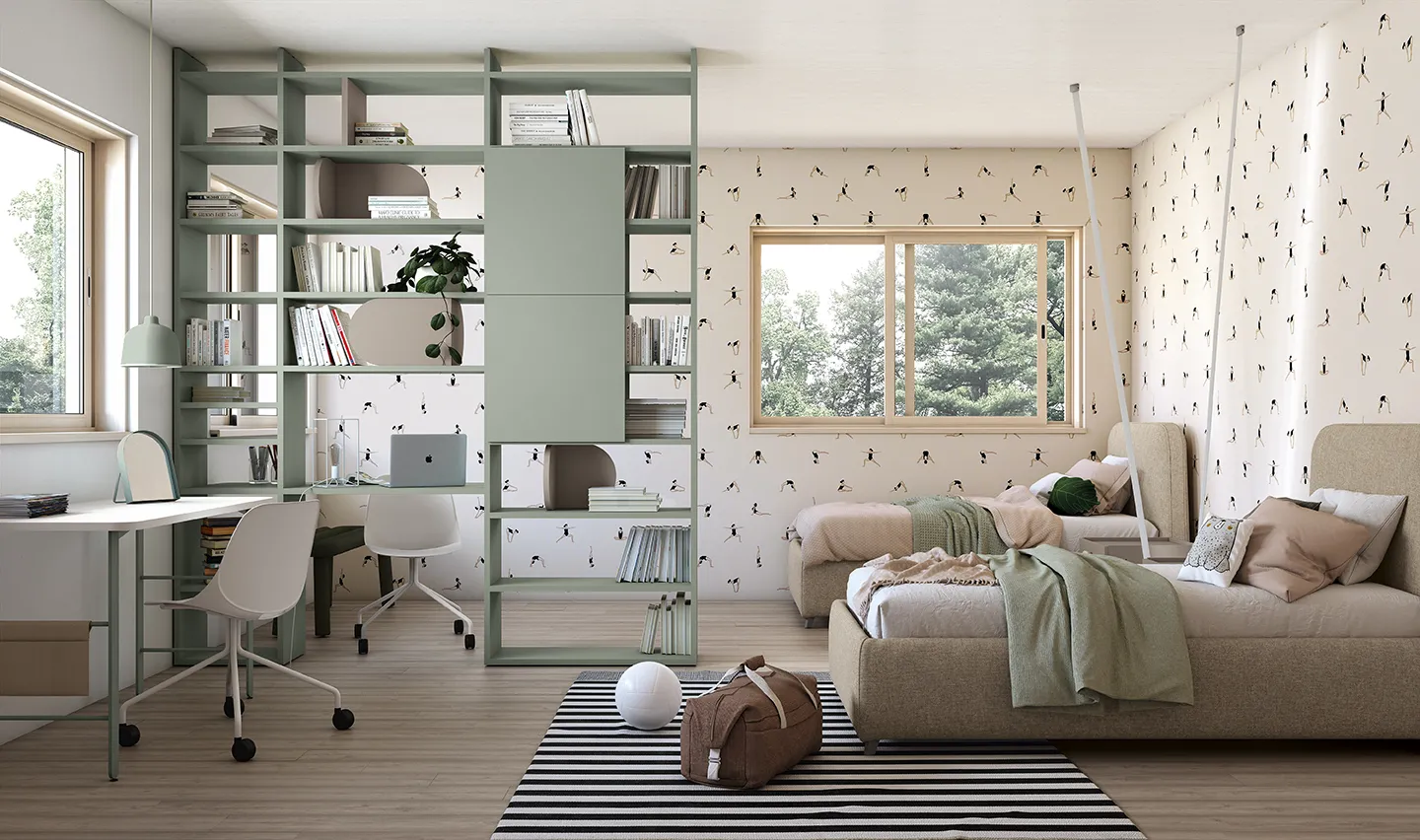 Cameretta per due Golf Kid's Space Colombini con libreria salvia che separa i letti dalla zona studio