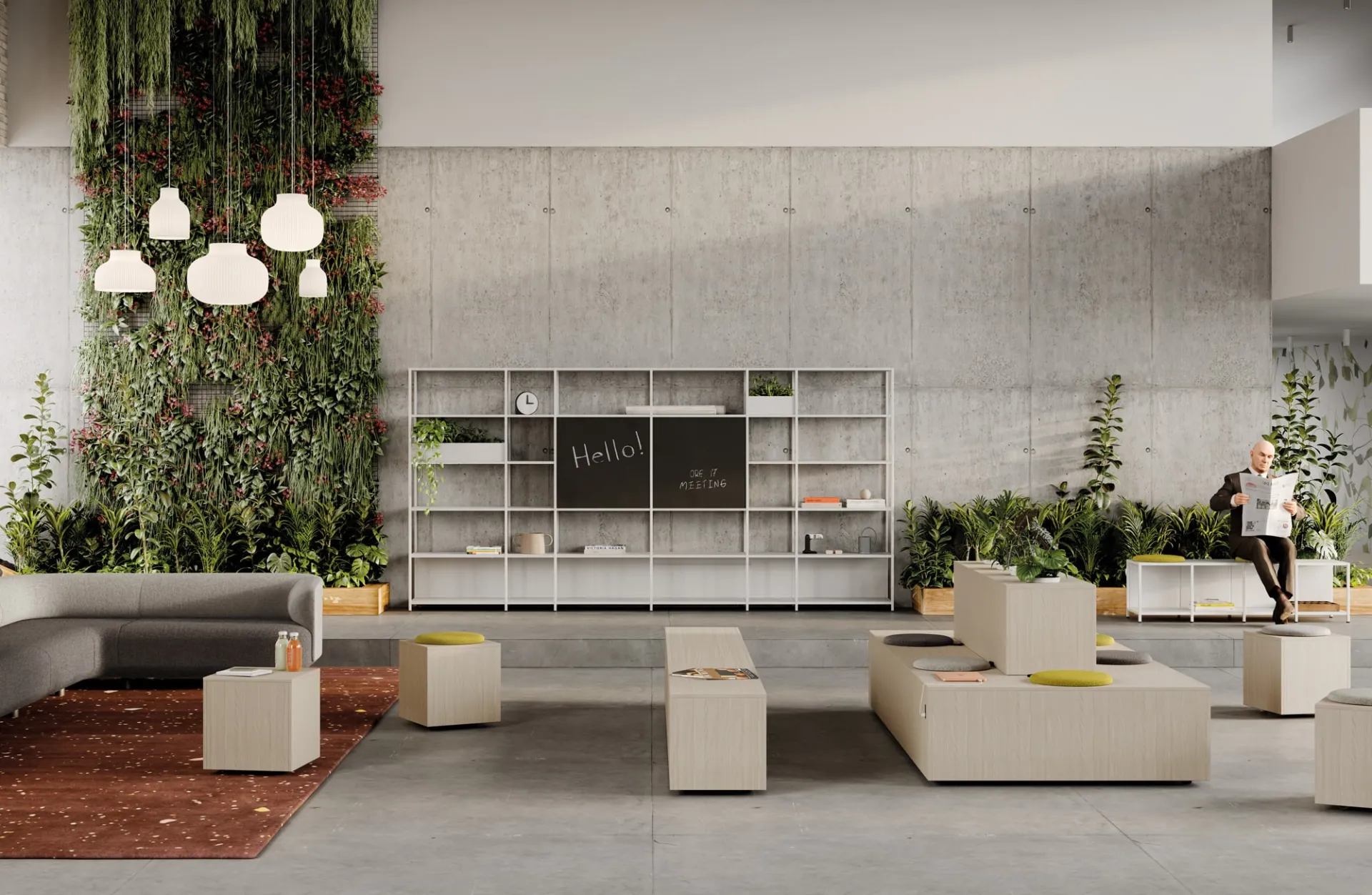 Gradinata Gradone Frezza con pouf in uno spazio collaborativo con libreria