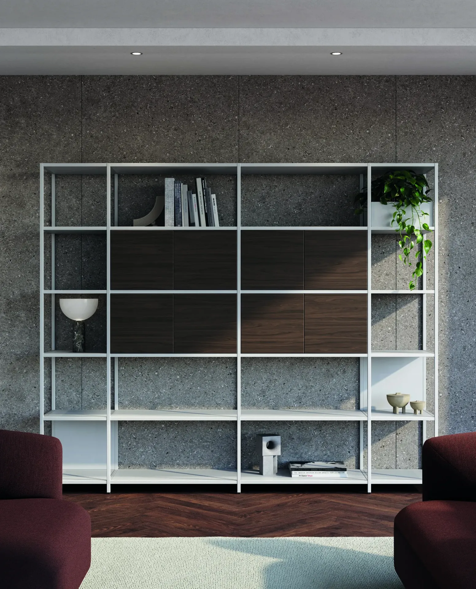 Libreria Phylo Frezza bianca con schiena scura e poltrone