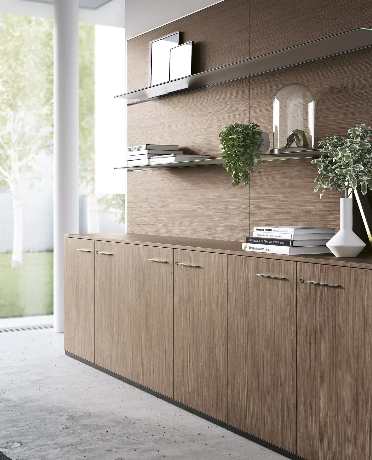 Boiserie Workwall Frezza in legno con mensole e contenitori bassi