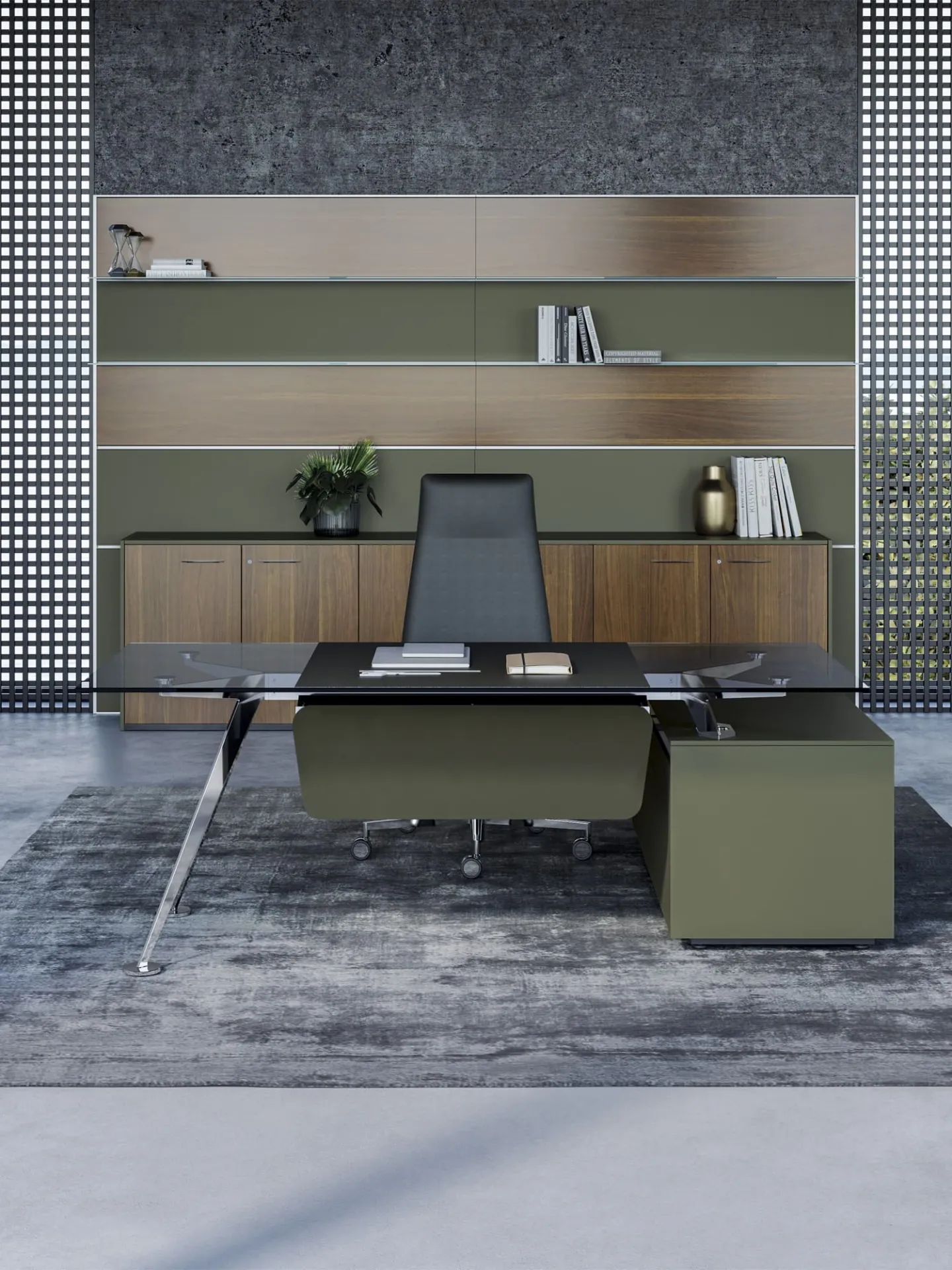 Boiserie Workwall Frezza verde e legno dietro una scrivania