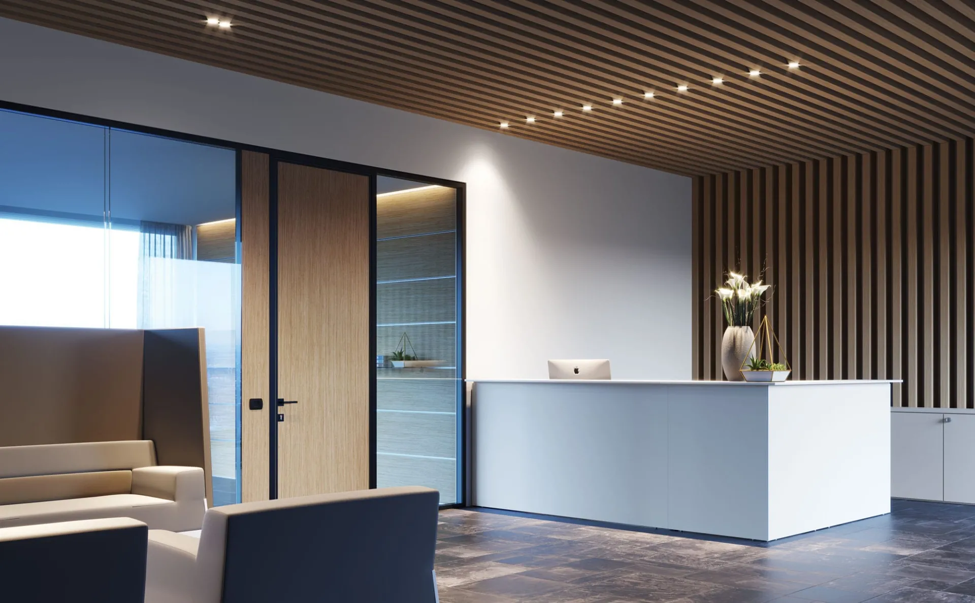 Banco reception Baguette Frezza bianco in un ingresso con soffitto in listelli
