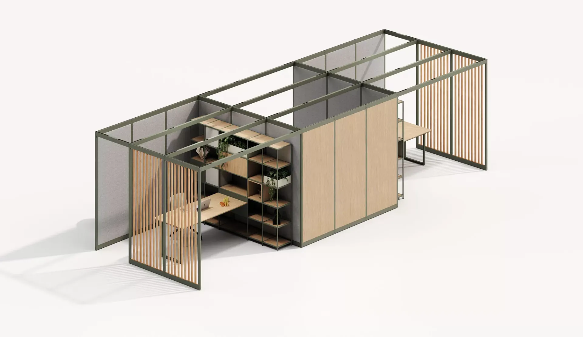 Stanza Pal Room Frezza con telaio nero, listelli e libreria