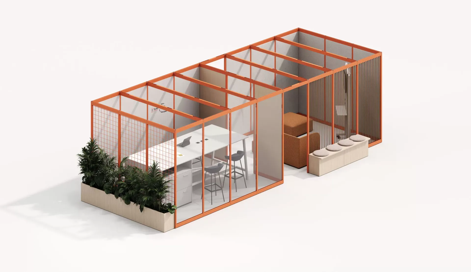 Stanza Pal Room Frezza con telaio arancio, vetri e fioriera