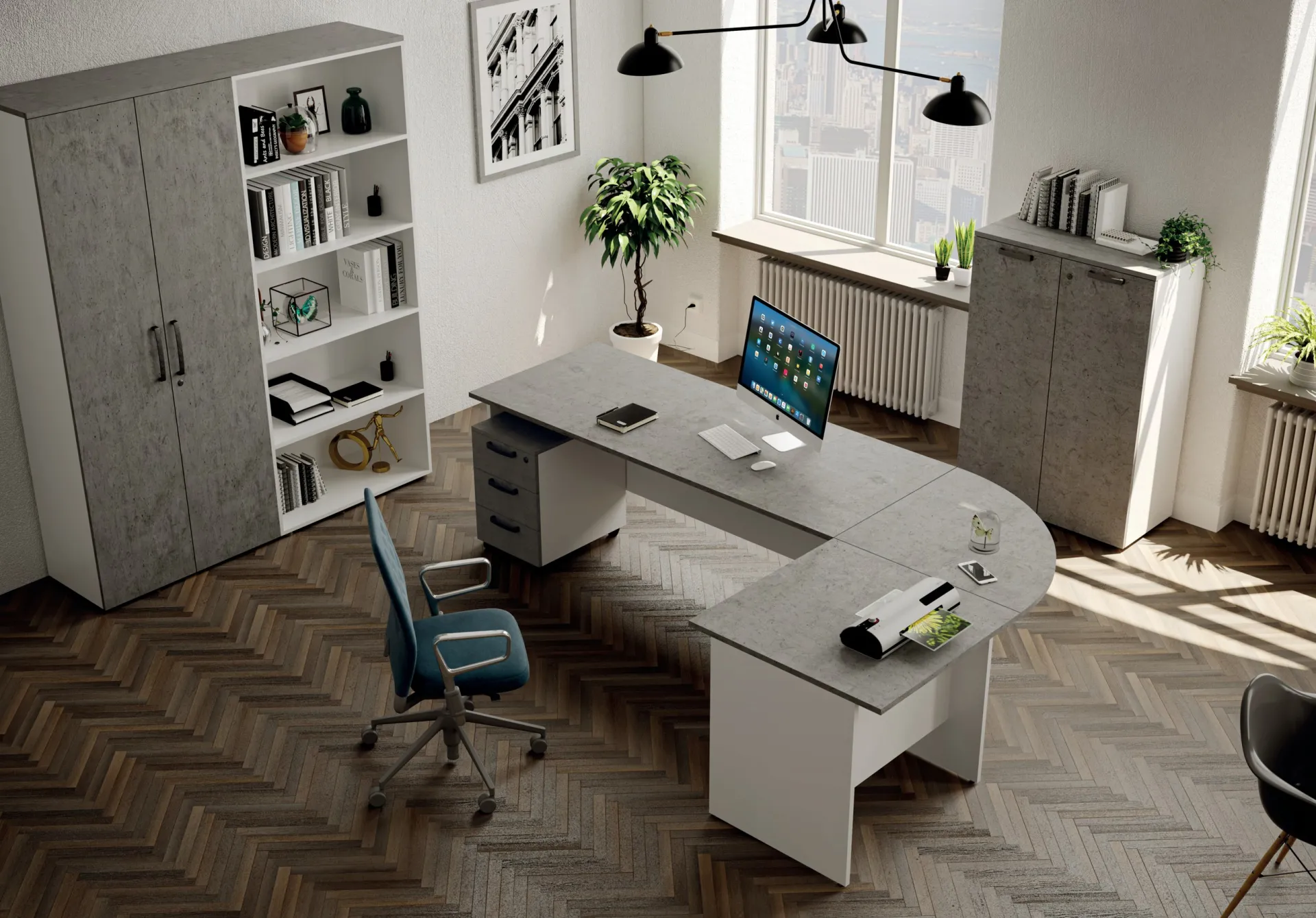 Ufficio Ibisco Imba con scrivania curva bianca, armadio grigio cemento e libreria