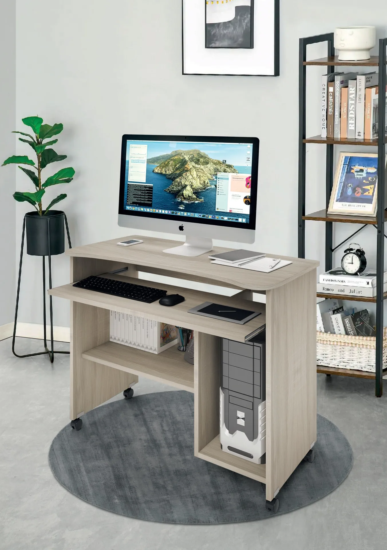 Porta computer Cercando Imba in legno chiaro su ruote con monitor e tastiera