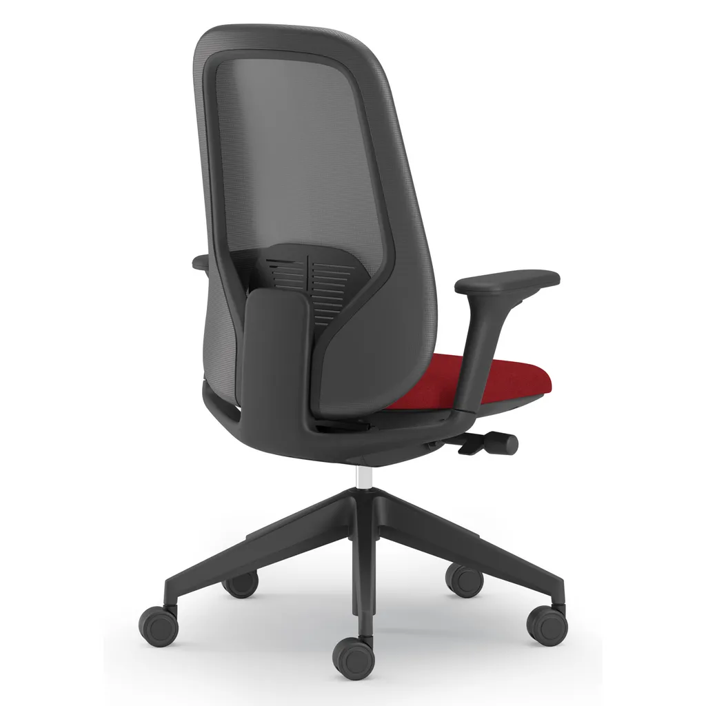 Sedia ergonomica Joga Unisit nera con seduta rossa vista di tre quarti