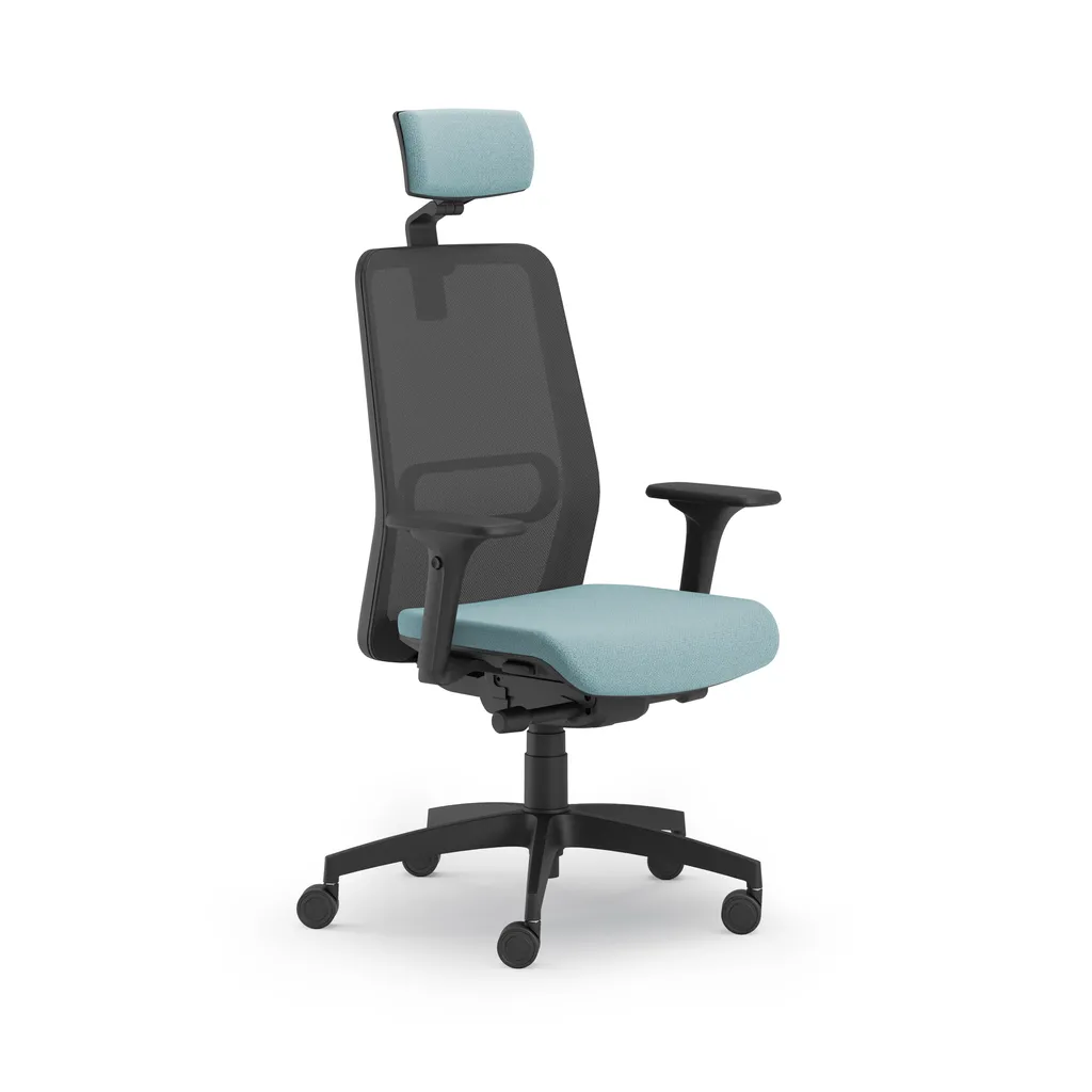 Sedia ergonomica Bloom Unisit nera con poggiatesta e seduta azzurra