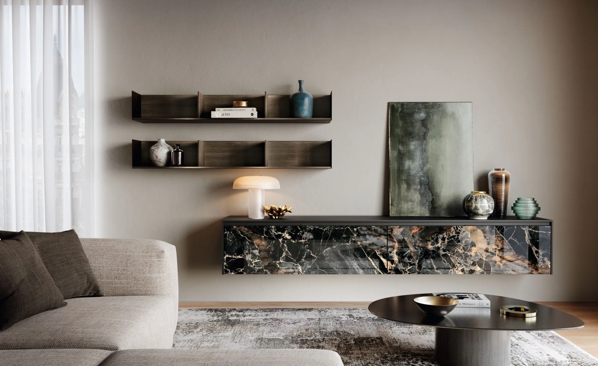 Parete living Flow 2B Italia con base effetto marmo e mensole metalliche