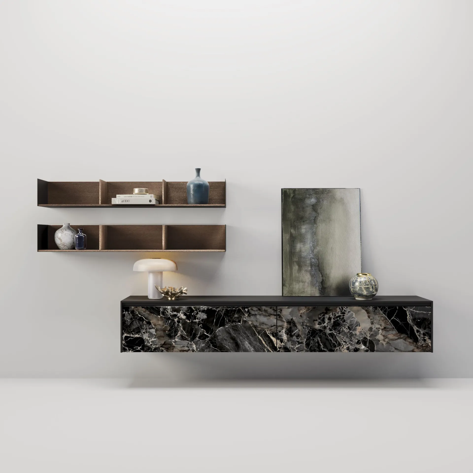 Composizione Flow 2B Italia con base in vetro effetto marmo su fondo chiaro