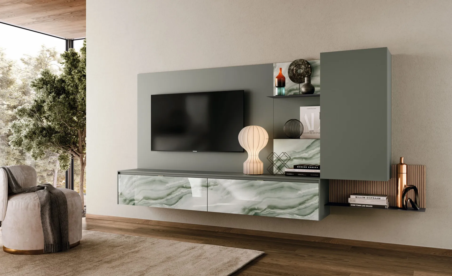 Soggiorno Glass Authentica 2B Italia con ante in vetro effetto marmo verde e pannello TV