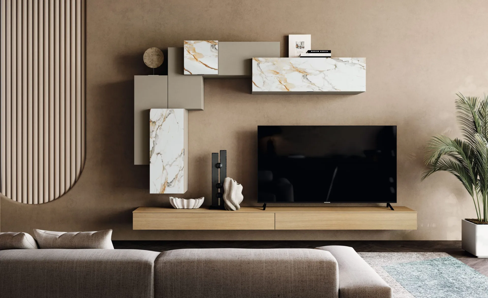 Parete living Glass Authentica 2B Italia con pensili effetto marmo e base in essenza