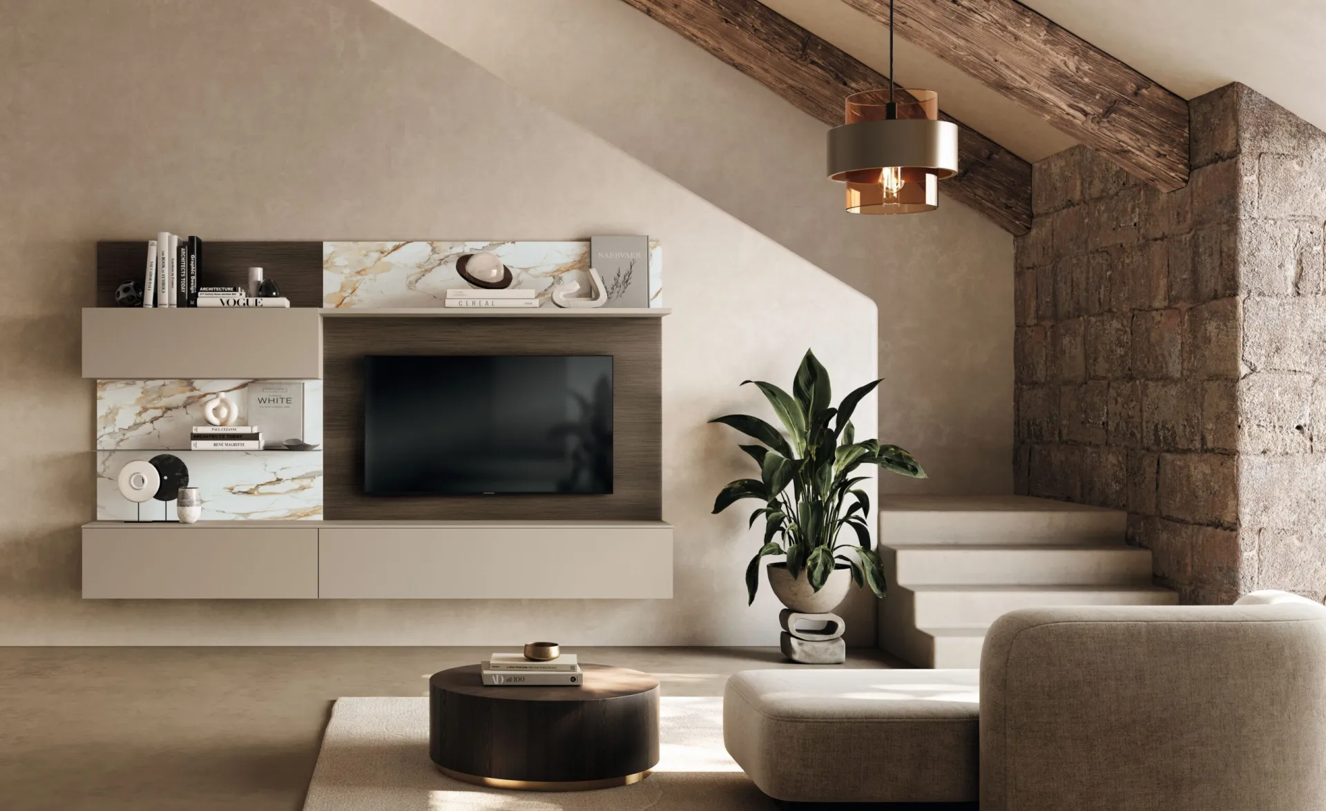 Parete living Modula 2B Italia in finitura chiara con boiserie e mensole