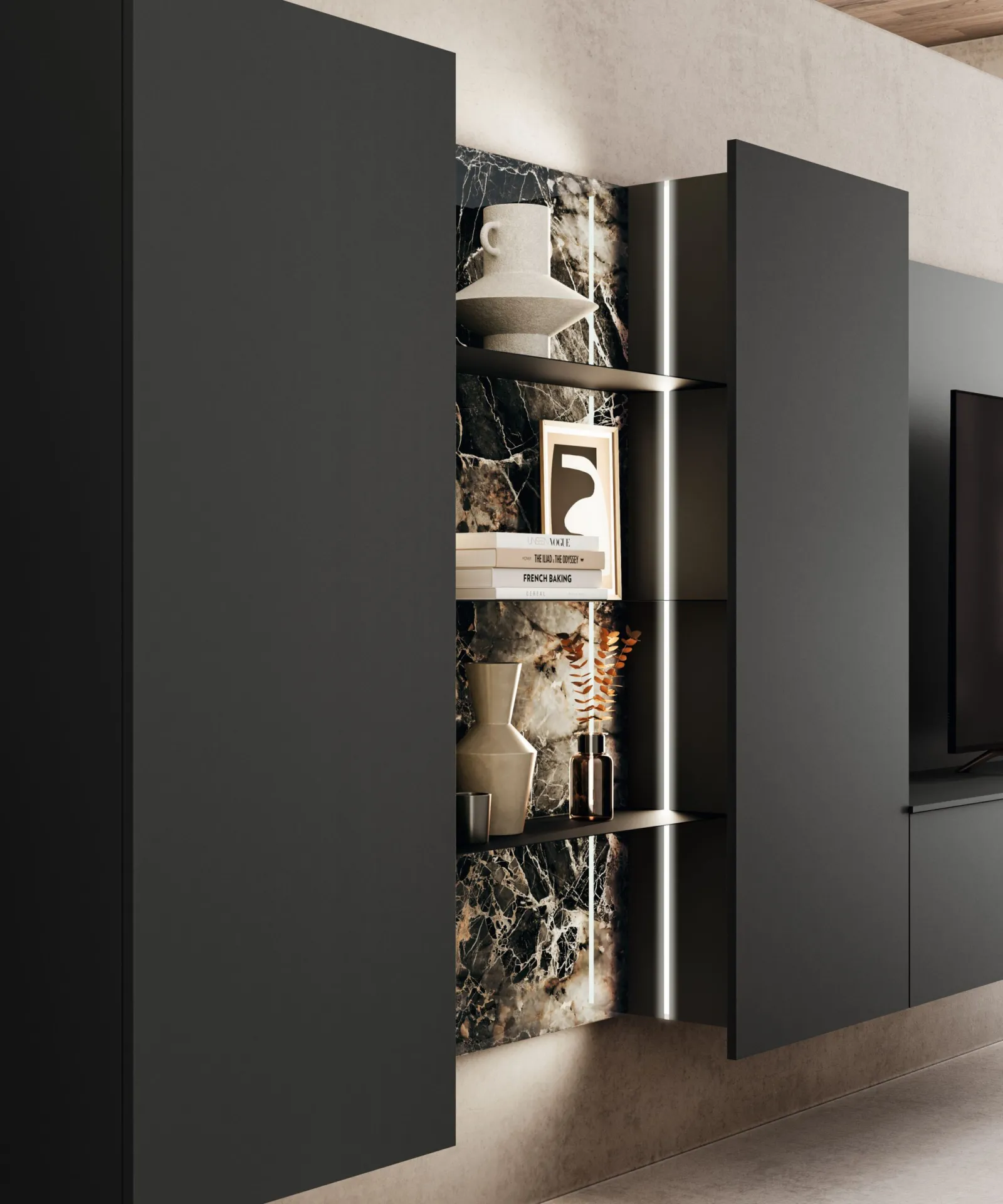 Particolare della boiserie Modula in vetro effetto marmo dietro un'anta aperta