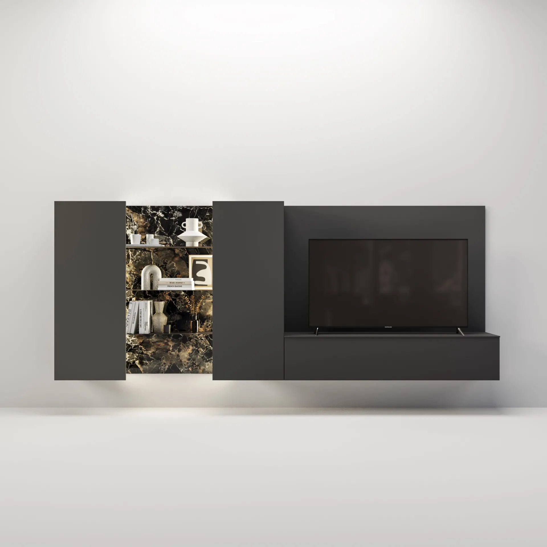 Composizione Modula 2B Italia con pannelli scuri e boiserie su fondo chiaro