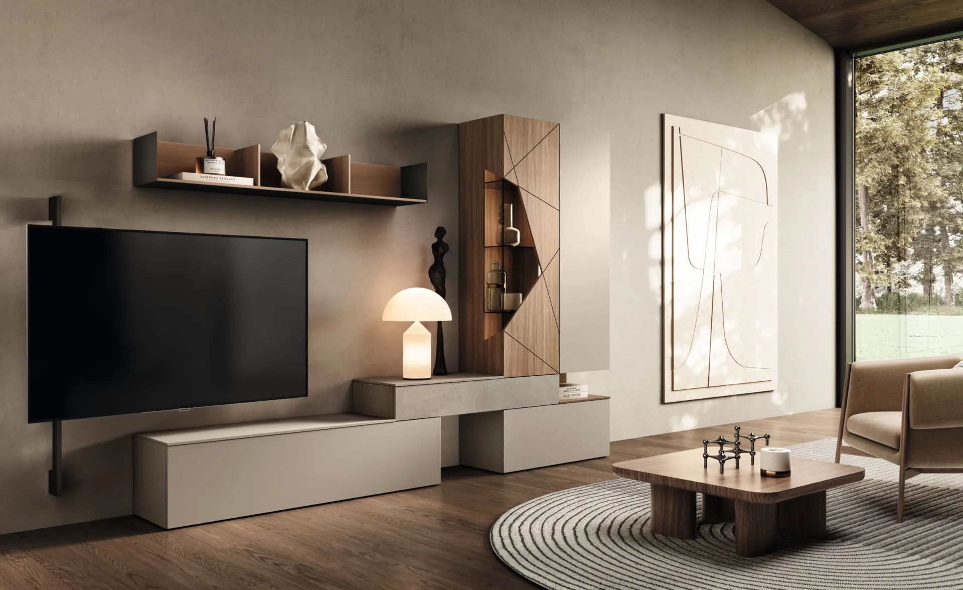 Parete living Prisma 2B Italia con vetrina laterale e TV a parete