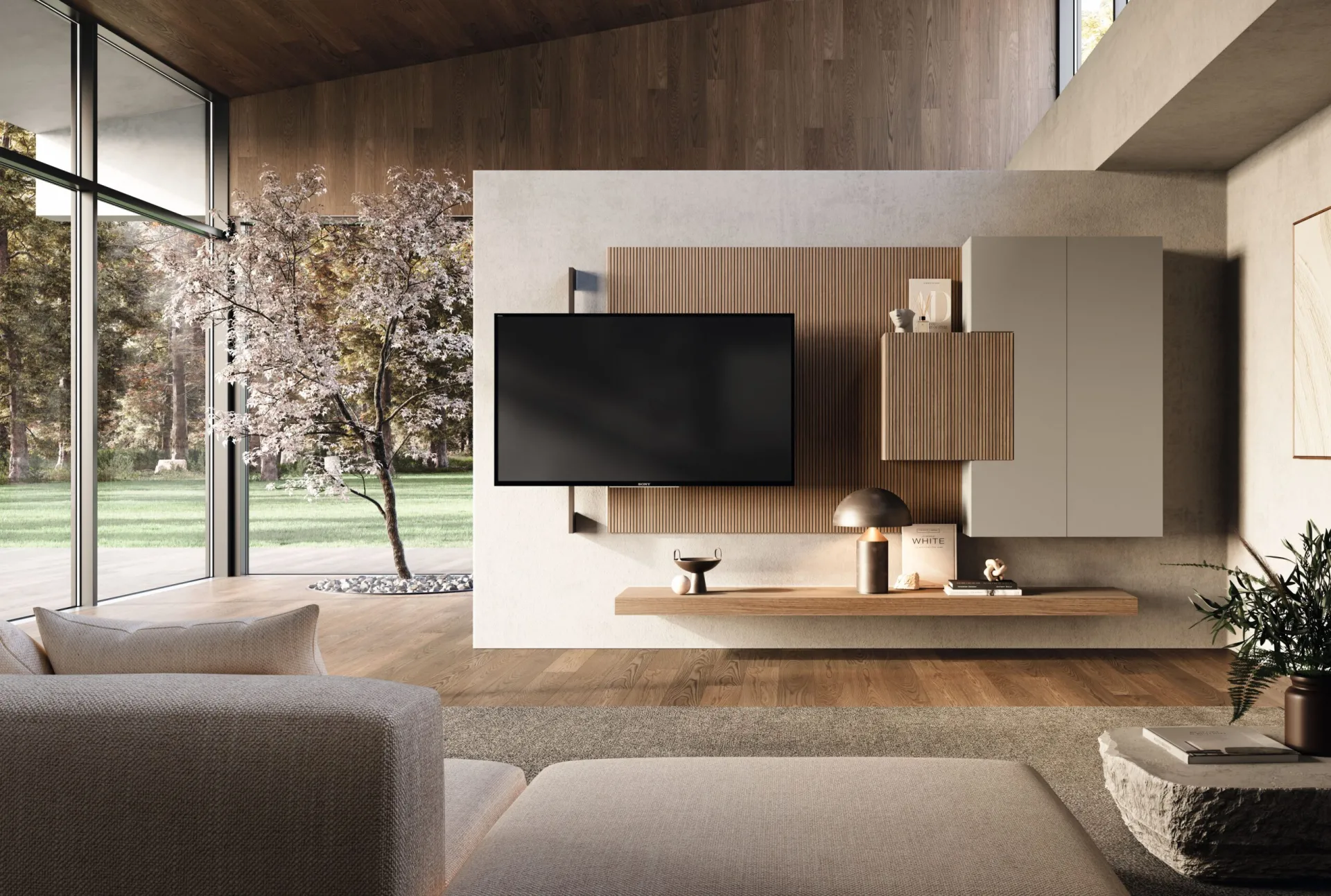 Parete living Shaped 2B Italia con ante sagomate e base sospesa
