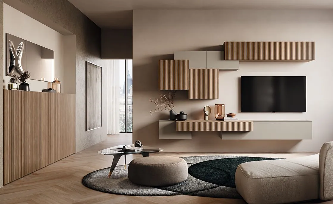Parete living Slat 2B Italia con pensili in essenza dogata