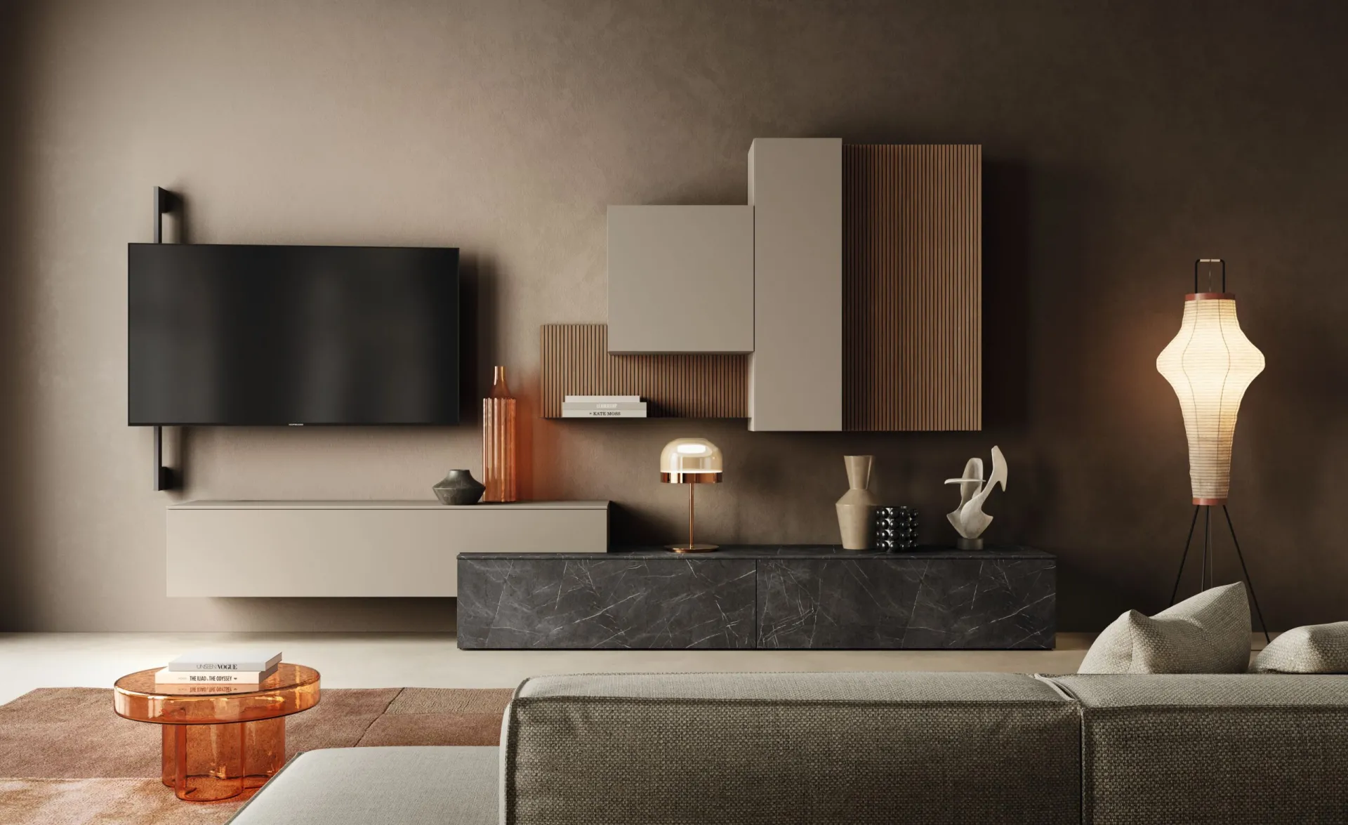 Soggiorno Space 2B Italia con base effetto pietra, pensili e modulo terminale