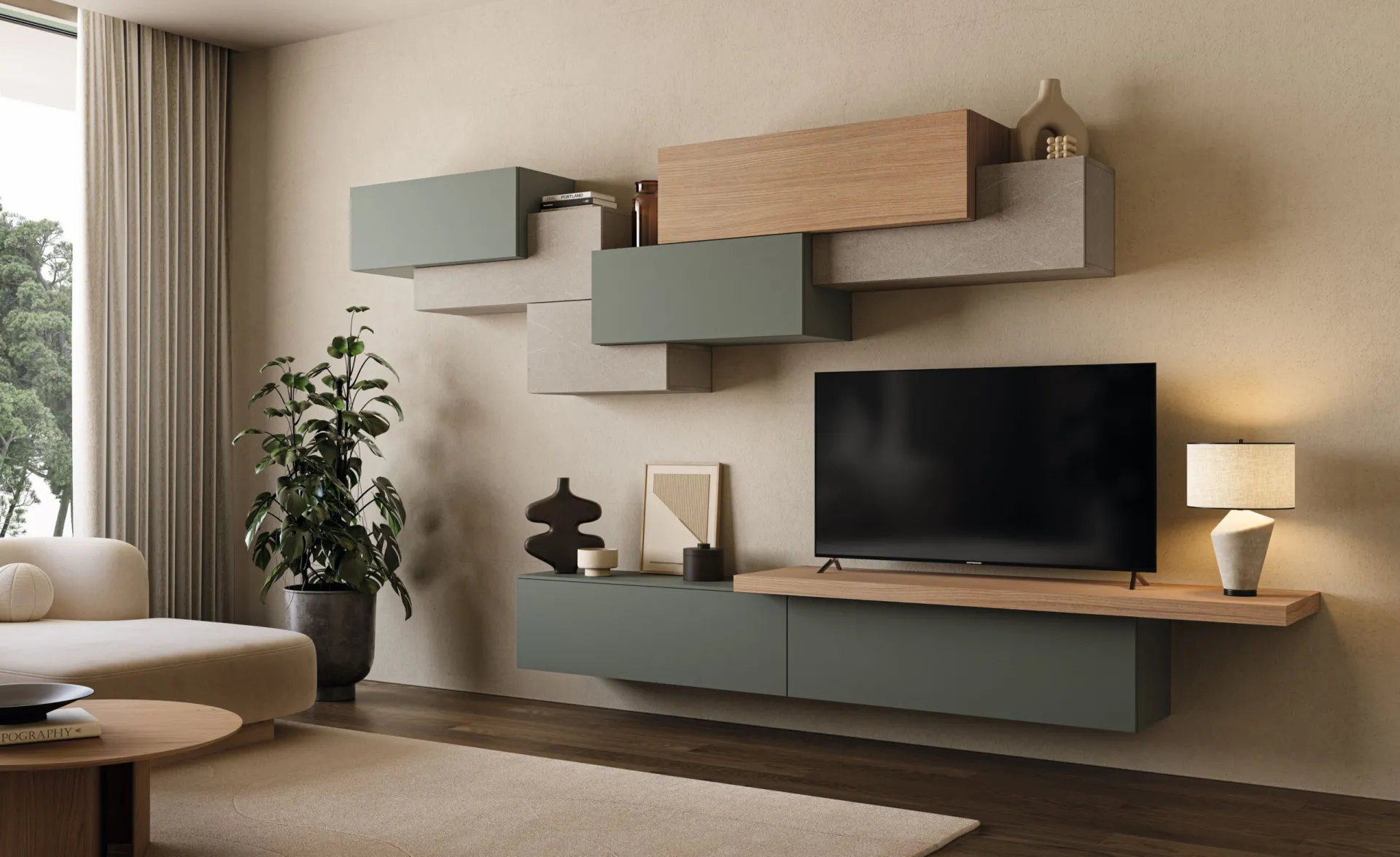 Parete living Space 2B Italia con pensili verde salvia e mensole
