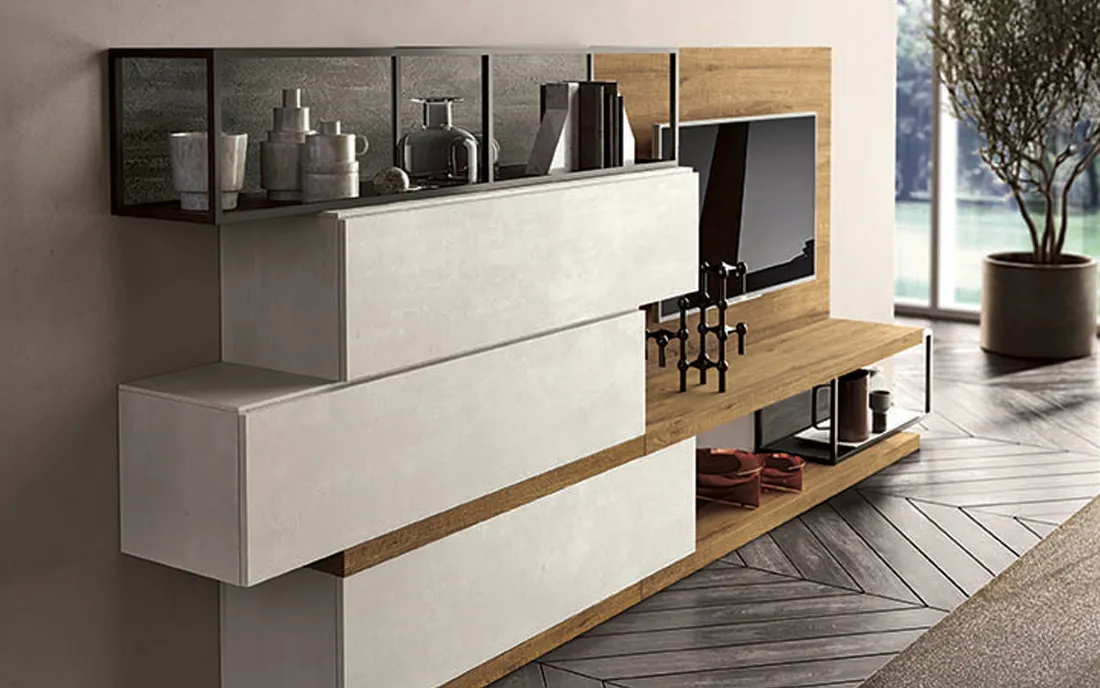 Parete living Box 2B Italia con pensili effetto pietra e mensola in essenza