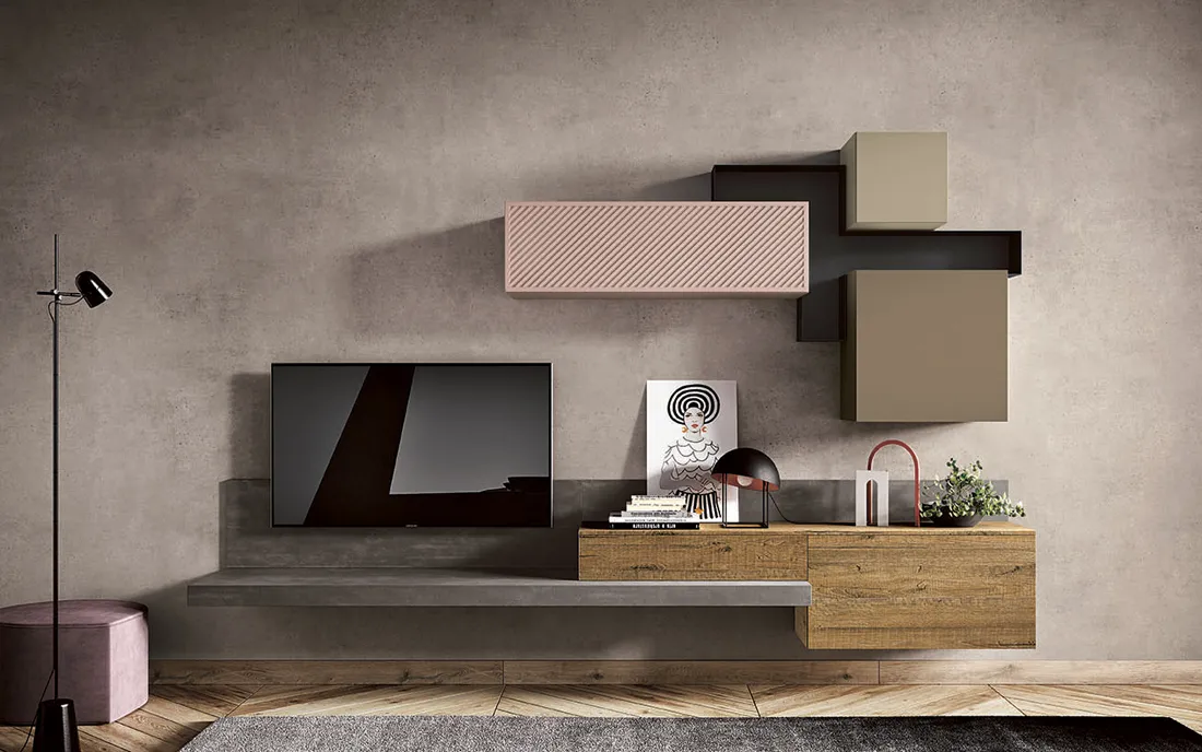 Parete living Cross 2B Italia con pensili rosa e base in essenza