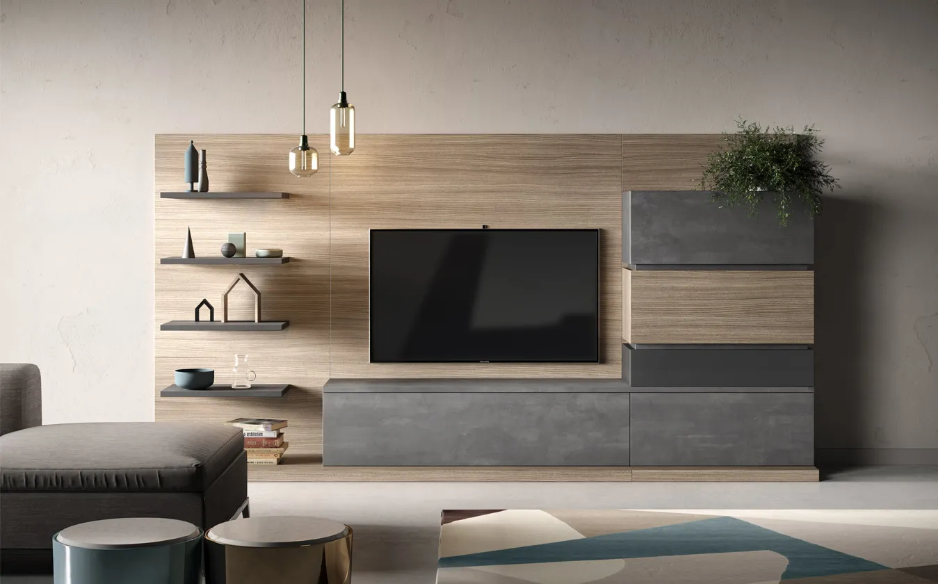 Soggiorno Pure 2B Italia con boiserie in noce, mensole e colonne contenitore