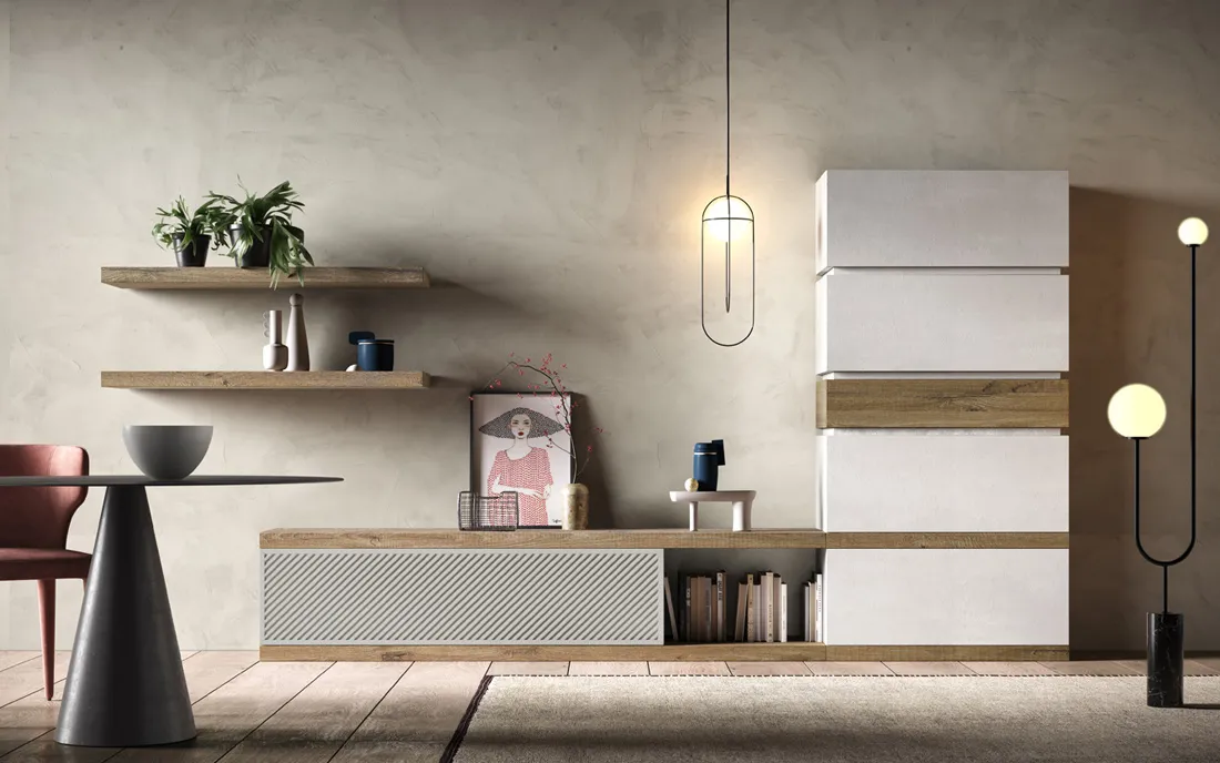 Parete living Pure 2B Italia con colonna bianca e mensole in essenza