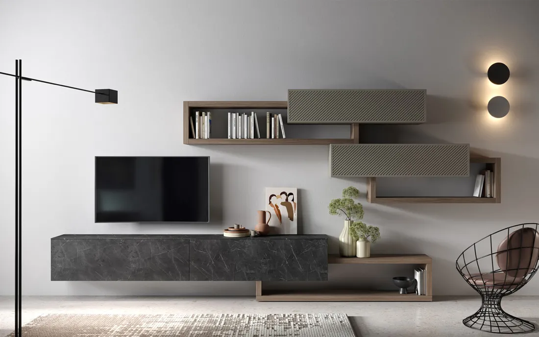 Parete living Waves 2B Italia con base scura e pensili grigi