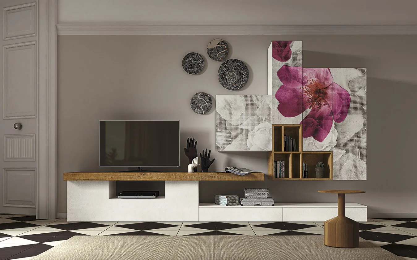 Soggiorno Fantasy of Flower 2B Italia con pensili stampati a fiori fucsia