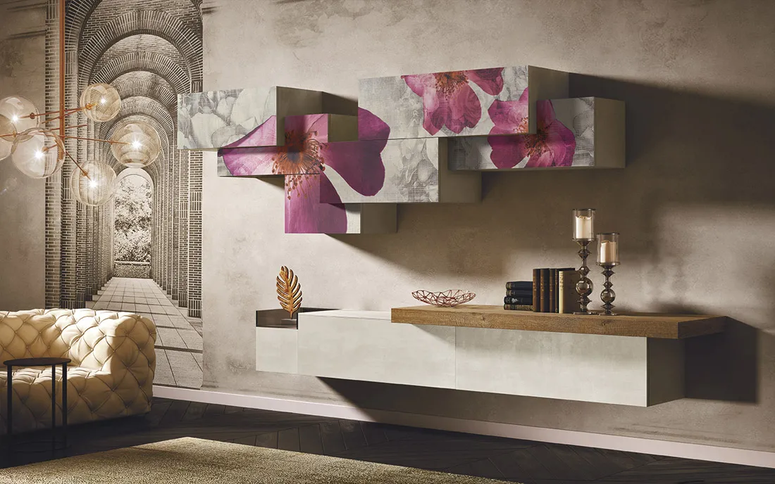 Parete living Fantasy of Flower 2B Italia con pensili decorati e base chiara
