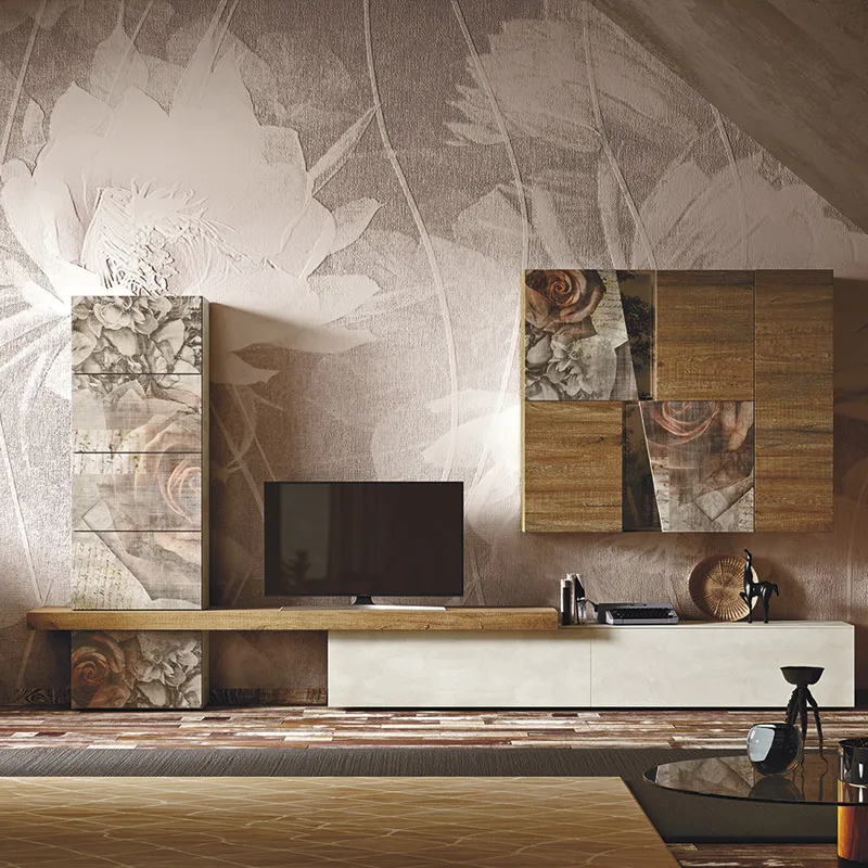 Parete living Fantasy of Roses 2B Italia con decoro a rose su quercia