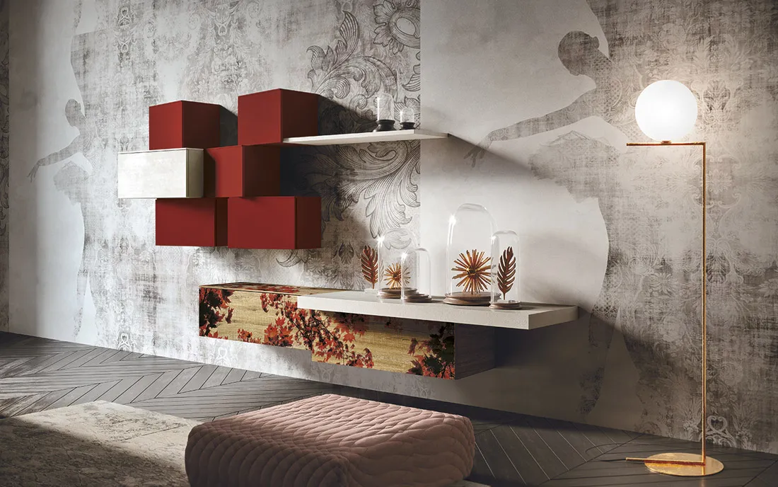 Pensili Flora 2B Italia rossi e decorati sopra una base sospesa