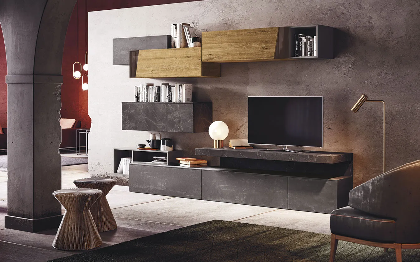 Soggiorno Glass Club Decor 2B Italia con base scura e pensili in essenza e grigio