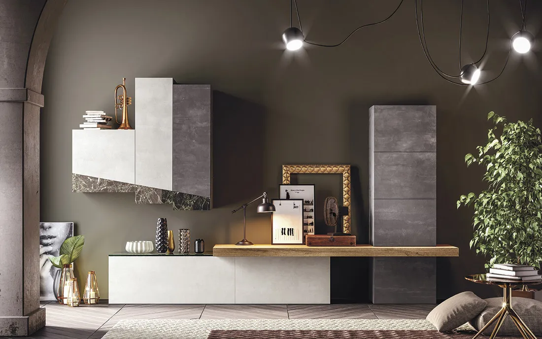Parete living Glass Club Decor 2B Italia con pensili bianchi e base in essenza