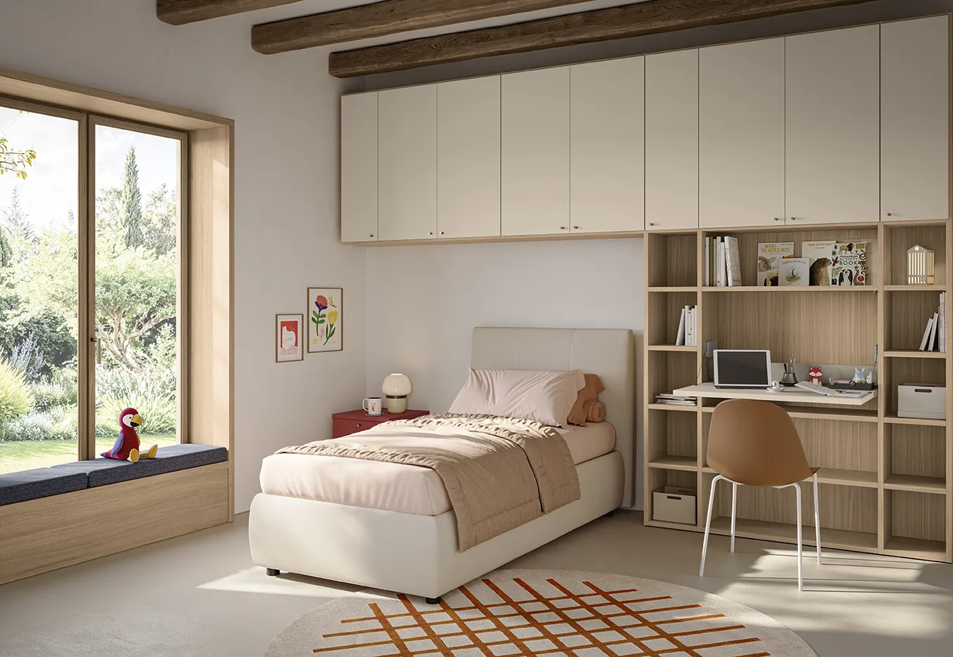 Cameretta salvaspazio Golf Kid's Space Colombini con pensili a ponte sopra il letto e libreria con scrittoio